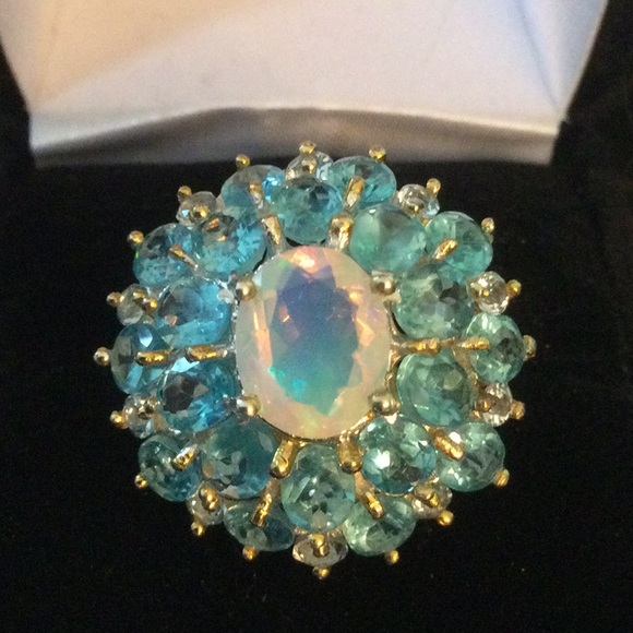 Atlanta Gem & Mineral Show Jewelry - Breathtaking Genuine Fiery Faceted Opal with Genuine Blue Apatite Ring